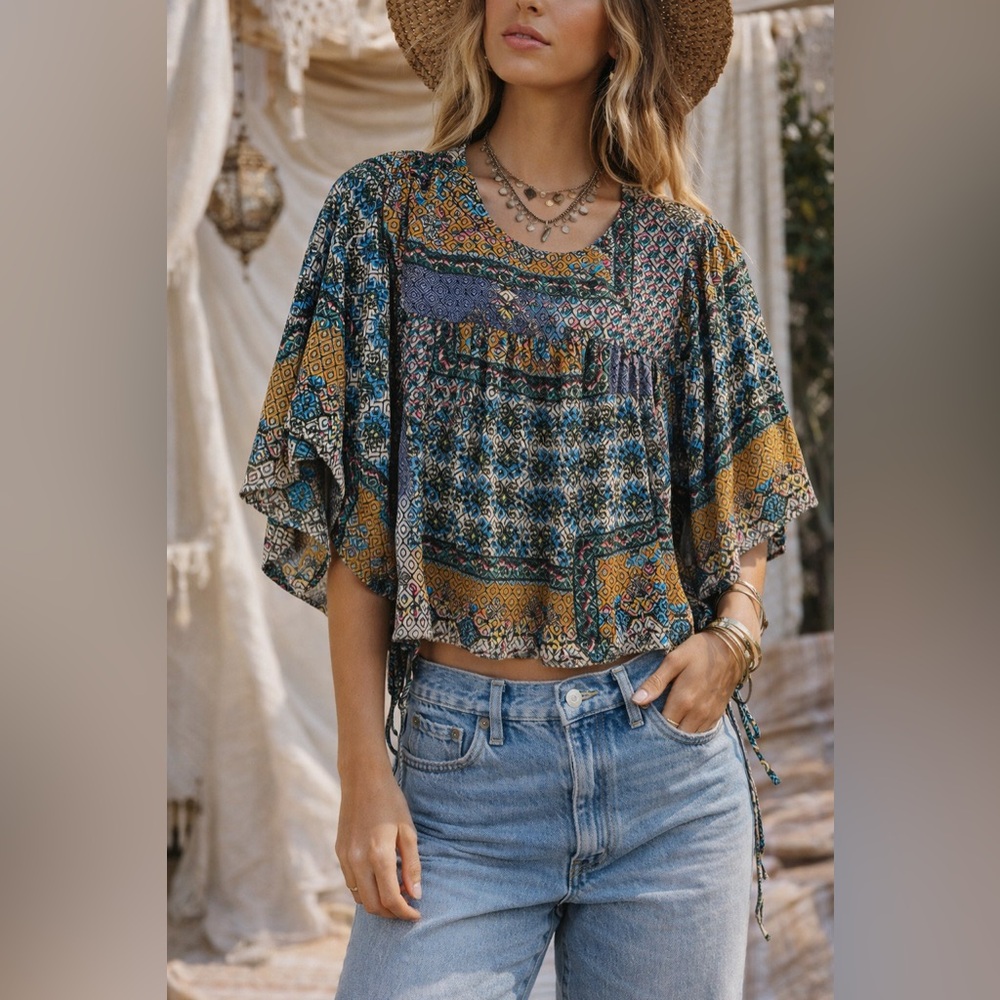 Zara Trafaluc Boho Kimono Sleeve Blouse XS Multicolor Patchwork Drawstring Top